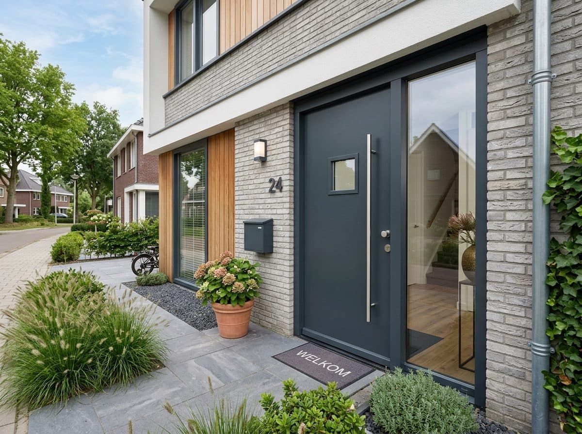 Zwarte aluminium voordeur met zijlicht en lange greep aan een moderne woning