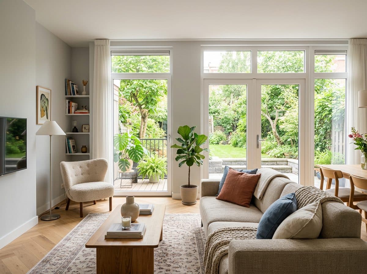 Lichte woonkamer met grote zwarte aluminium kozijnen en uitzicht op de tuin